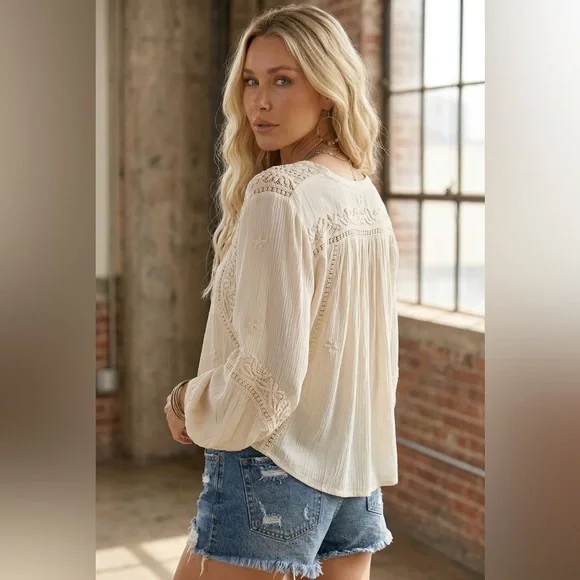 NWT POL Boho Festival Balloon Sleeve Crinkle Woven Peasant Blouse Top Shirt - Picture 5 of 11